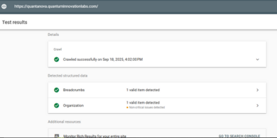 Quantuminnovationlabs.com 4 Test results for a website crawl, showing a successful crawl and detected Breadcrumbs and Organization structured data.