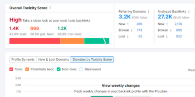 Blueskyscrubs.com’s 8 A graph showing an Overall Toxicity Score of High, with 1.4K toxic, 666 potentially toxic, and 1.2K non-toxic links.