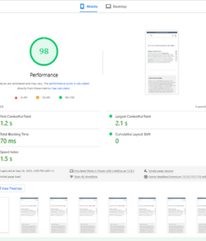 Blueskyscrubs.com’s 3 A Google PageSpeed Insights report for a website's mobile performance showing a score of 98.