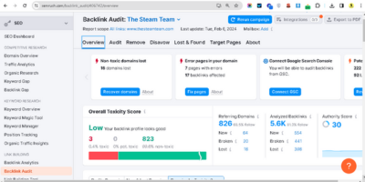 Thesteamteam.com 5 Backlink Audit overview showing LOW Overall Toxicity Score, 826 Referring Domains, and 5.6K Analyzed Backlinks.