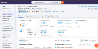 Thesteamteam.com 7 SEMrush Domain Overview for thesteamteam.com showing Authority Score 32, 8.6K Organic Search Traffic, and 817.1K Backlinks.