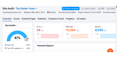 Thesteamteam.com 2 Site audit dashboard showing Site Health at 87%, 58 Errors, 15,294 Warnings, and 8,056 Notices.